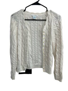 Jamie Scott Medium White Cable Knit Button Cardigan Cozycore Classic Academia